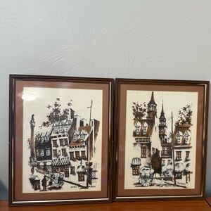 Set of 2 Vintage Framed Lithograph Pen & Ink Drawings Architecture European Sign